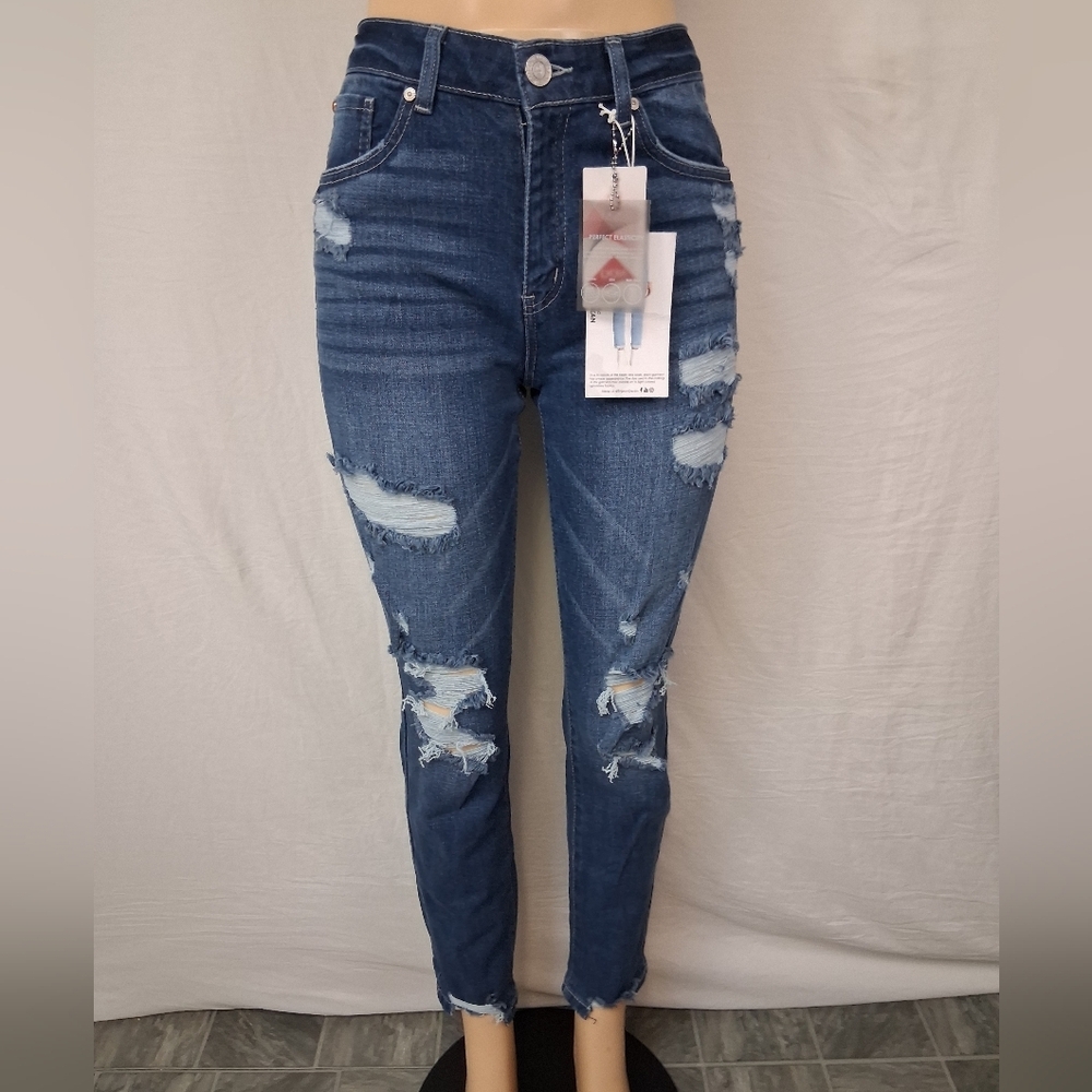 ENJEAN NEW Jeans Size 3 Women's Skinny Distressed Jeans - Medium Blue - Picture 3 of 16
